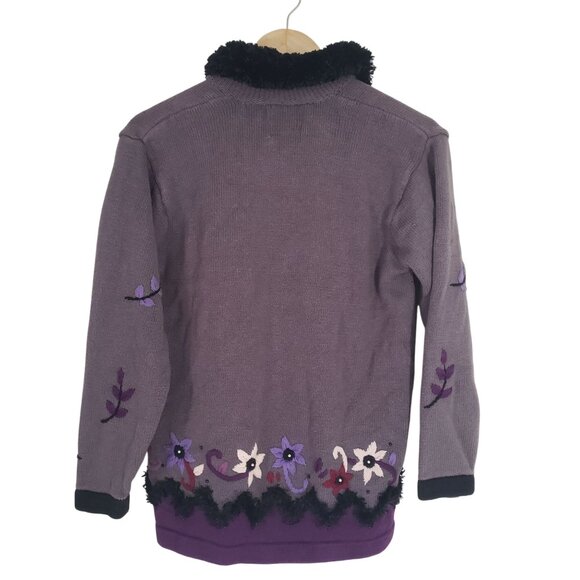 Vintage 90s Storybook Knits Purple Floral Embroidered Cardigan Sweater Size M - Picture 2 of 6